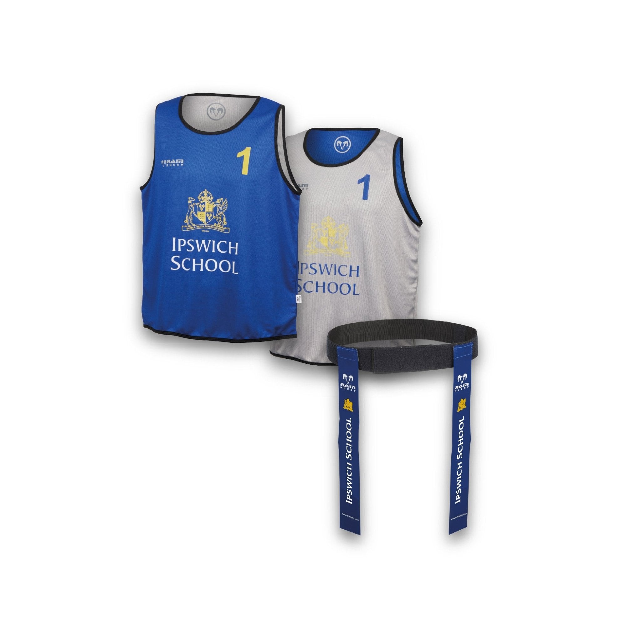 Set of Ram Rugby custom numbered training bibs and tag belts featuring reversible mesh bibs and branded logos
