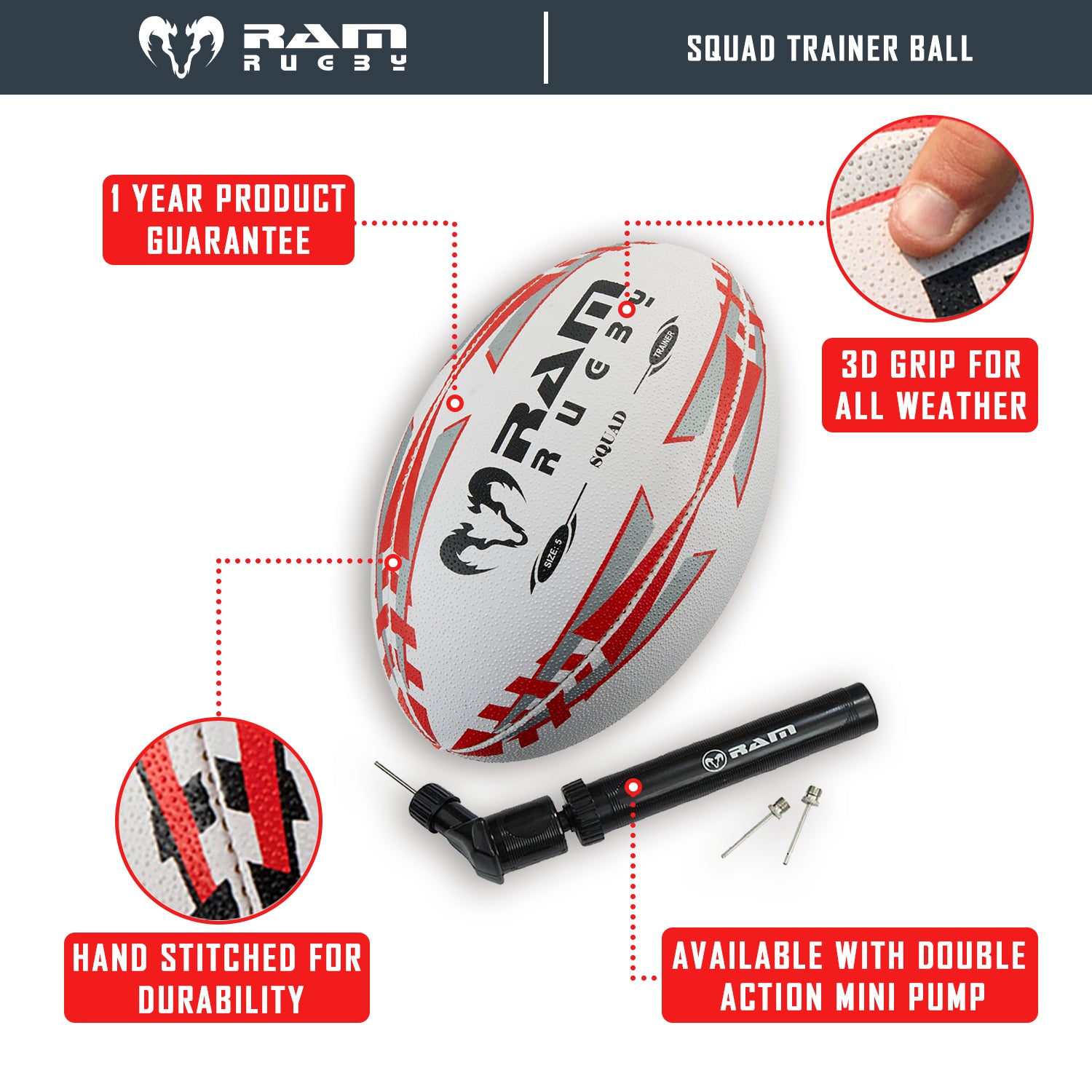 Ram Rugby Squad Trainer Ball in white and blue with 3-ply polycotton for durable, all-age rugby training sessions.