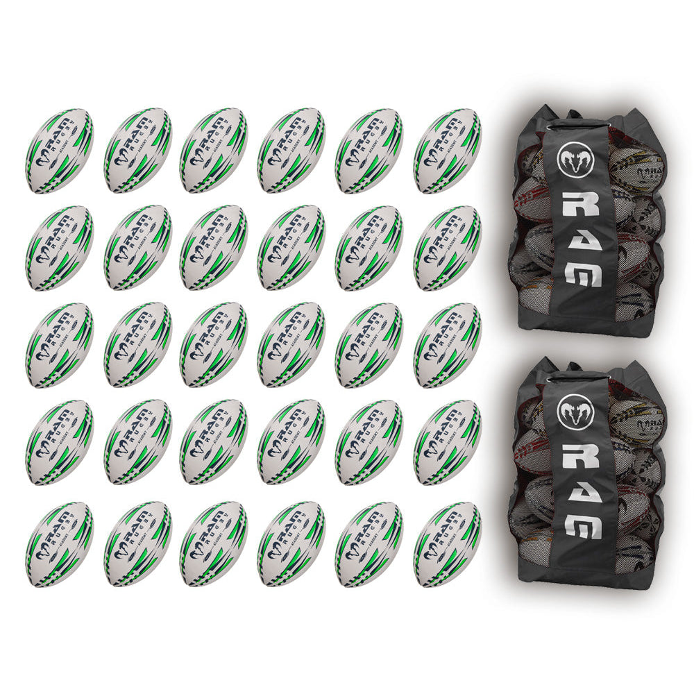 Ram Rugby Academy Trainer Ball Bundle showing 30 junior-sized rugby balls in breathable storage bags for youth training