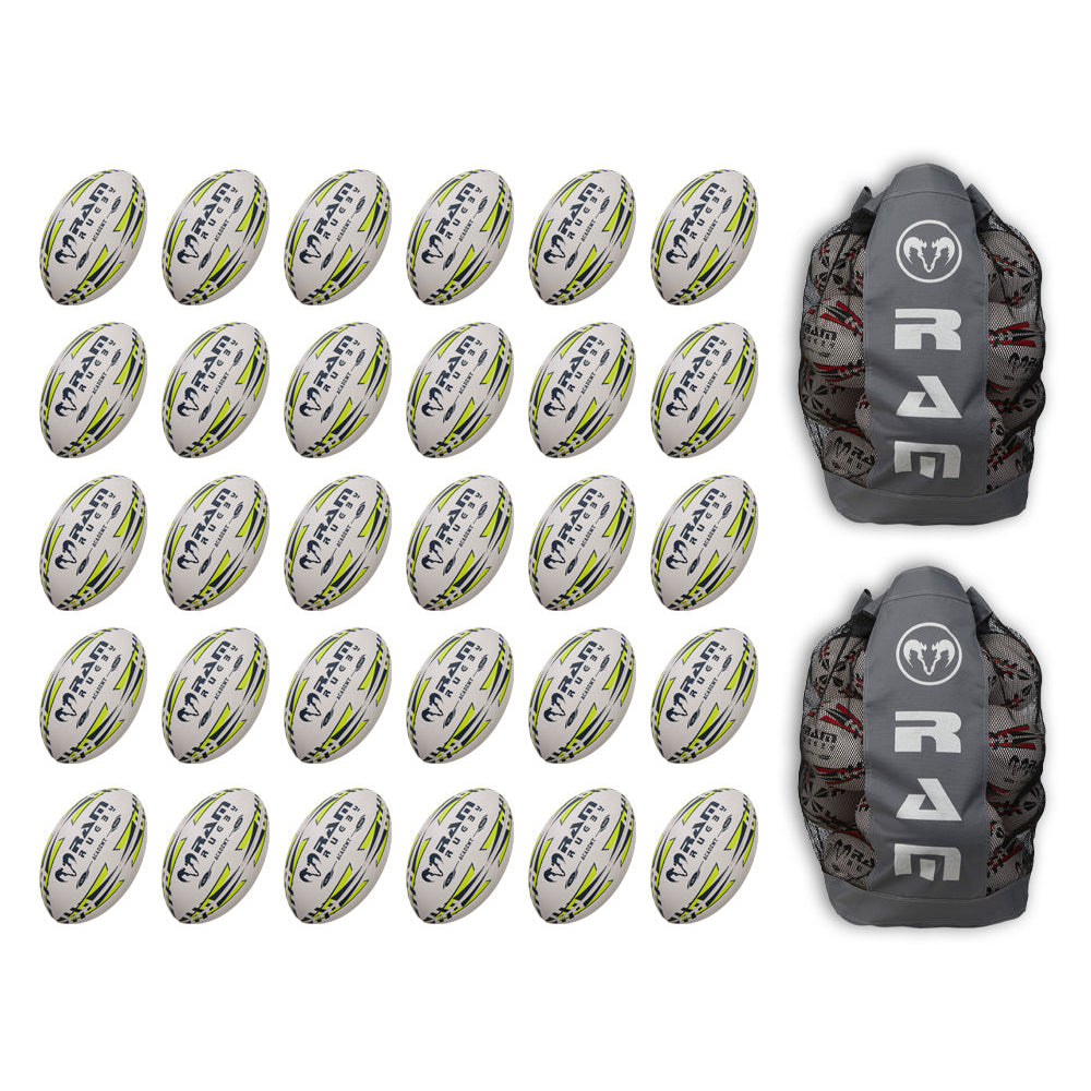 Thirty Ram Rugby Academy Trainer Balls in a large stack with two breathable storage bags for youth rugby training sessions.