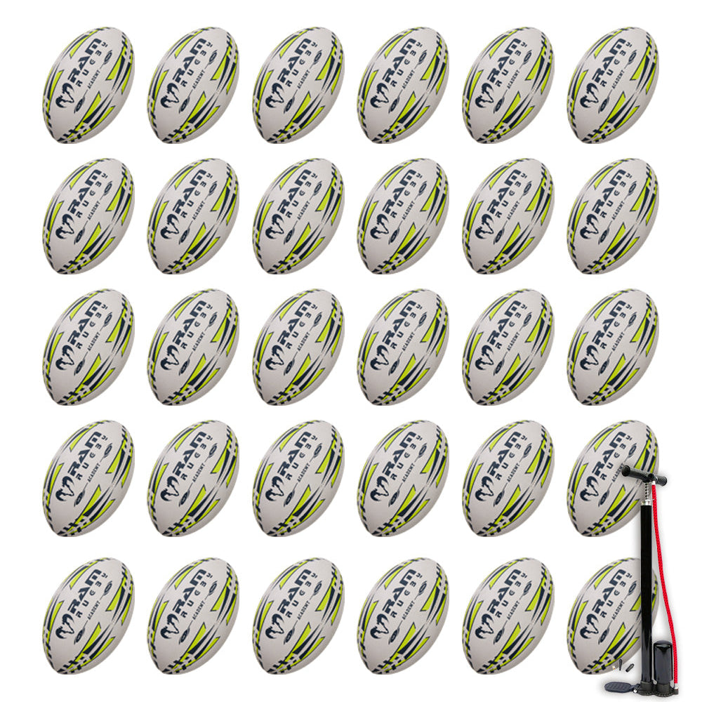 Ram Rugby Academy Trainer Ball Bundle with 30 youth-sized rugby balls and two breathable storage bags for training sessions