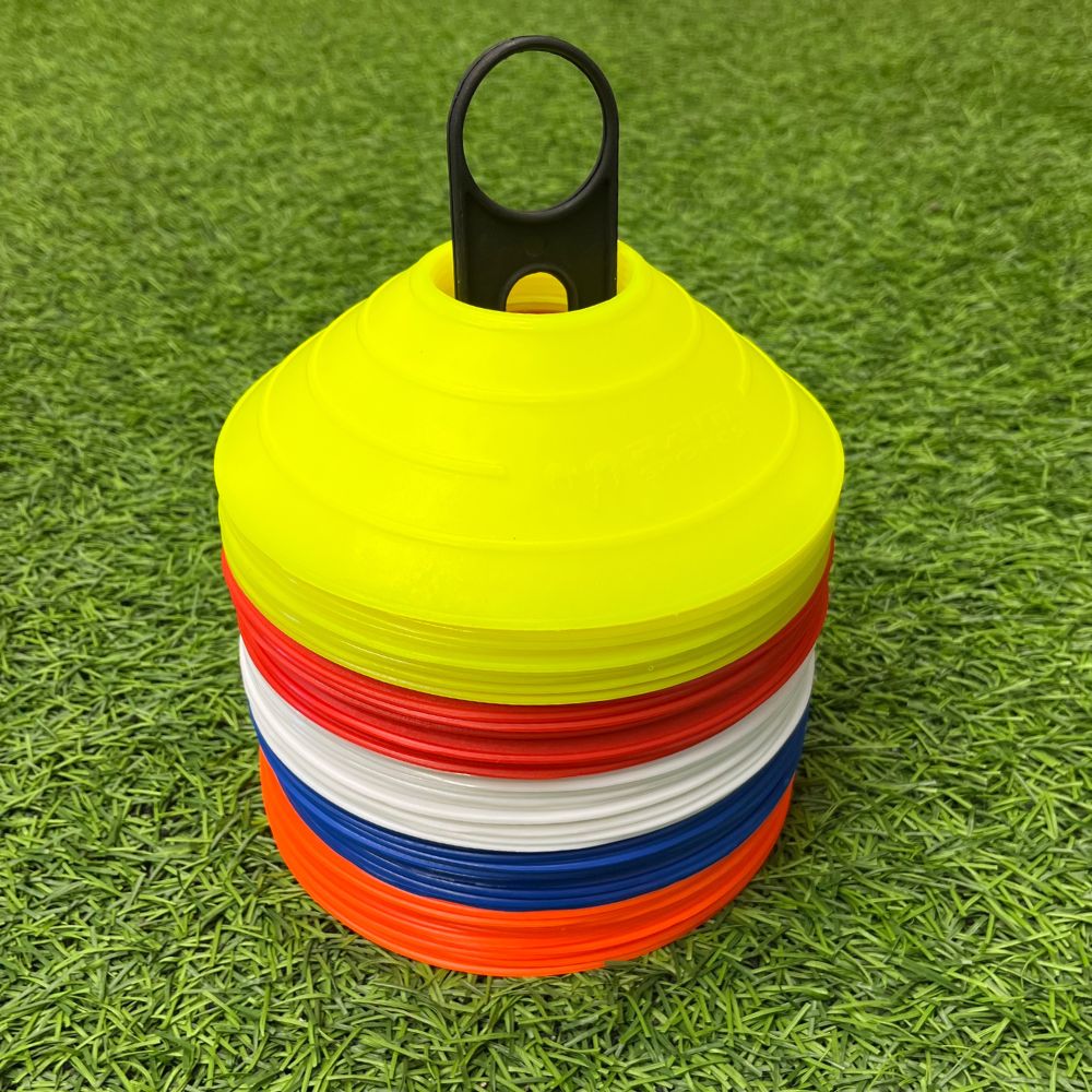 Ram Rugby set of 50 colorful rugby training marker cones in five colors with a durable 40g design and storage stand holder