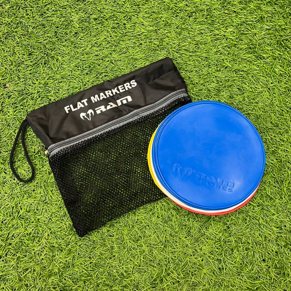 Ram Rugby flat marker cones set of 20 in yellow, red, white, and blue non-slip rubber for rugby training drills