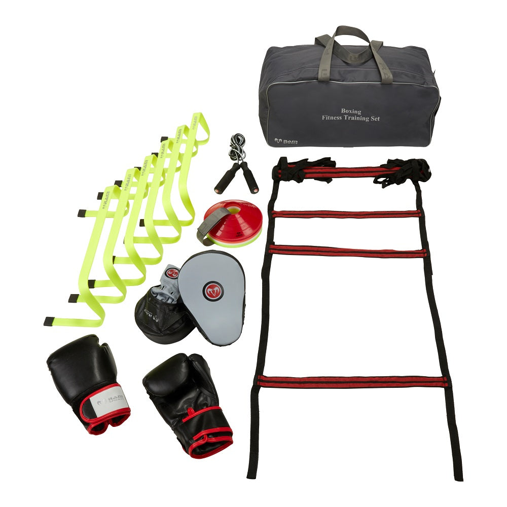 Ram Rugby Boxing Fitness Training Set with red gloves, agility ladder, hurdles, and cones for agility and cardio workouts