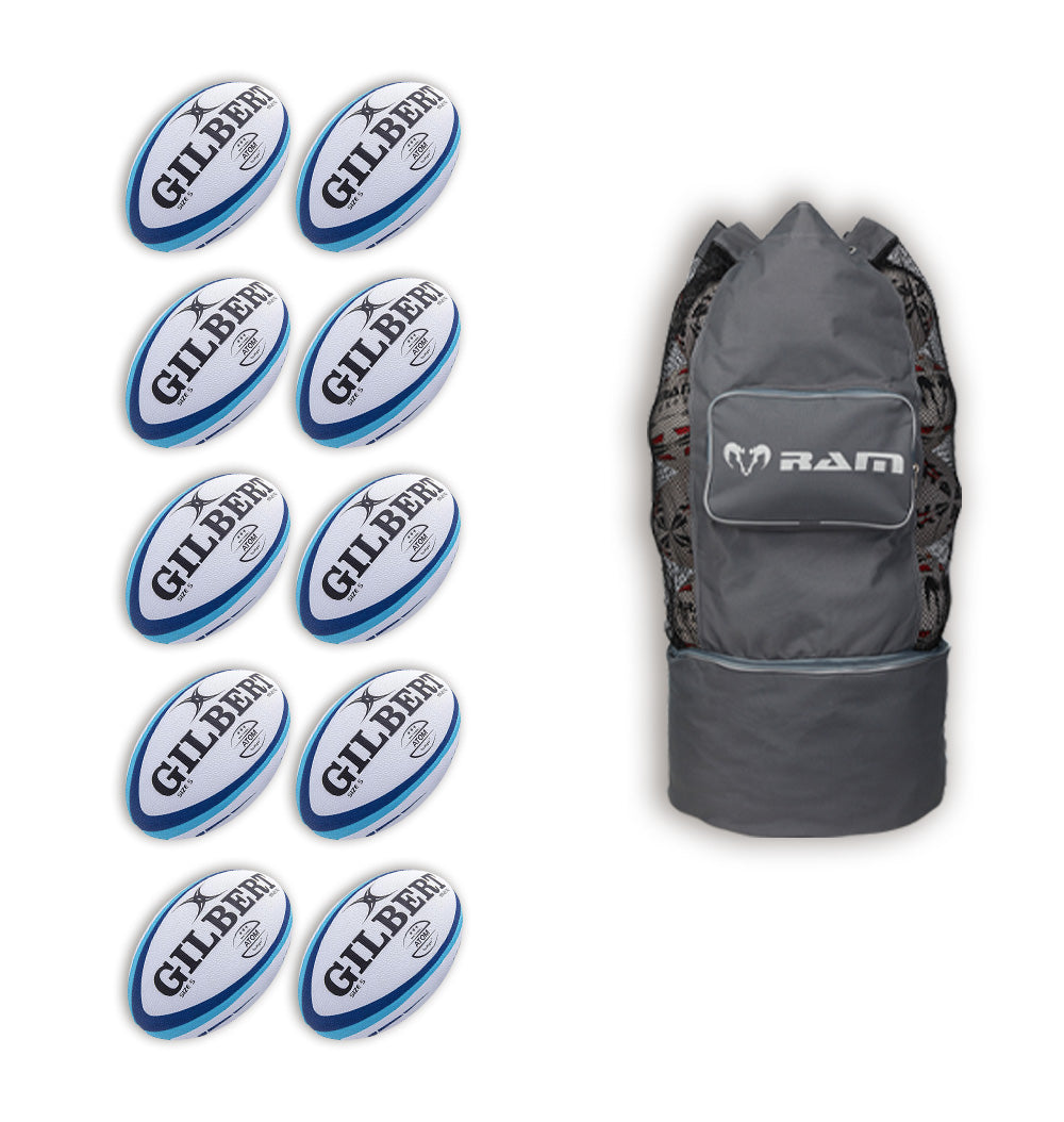 Set of 10 Gilbert Atom match rugby balls in white with red and black accents, bundled with a breathable size 5 ball bag