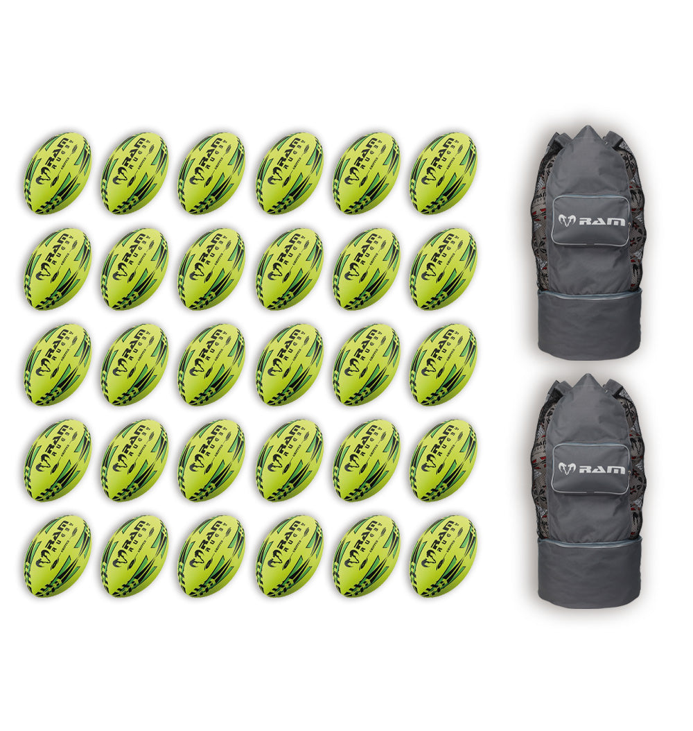 Stacked Ram Rugby Gripper 2.0 Pro Trainer Neon Balls in yellow, orange, and green with two black breathable storage bags