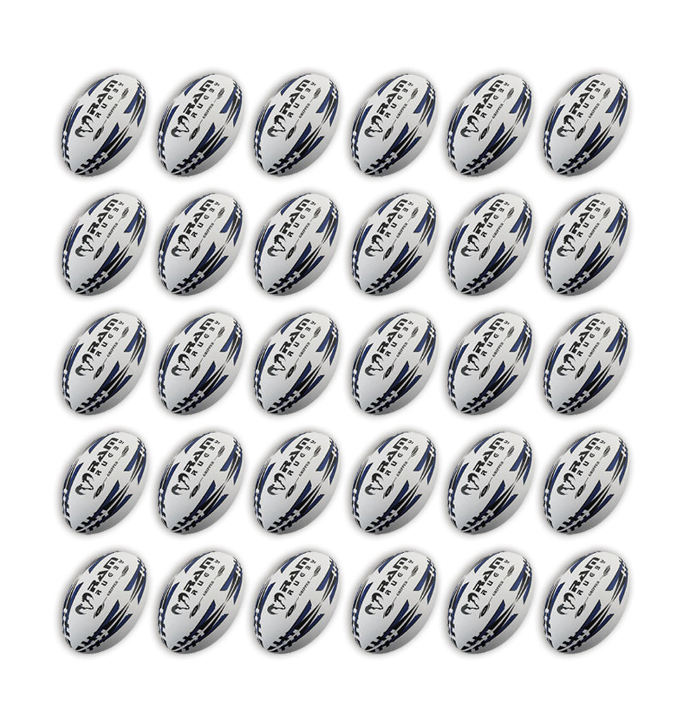 Set of 30 Ram Rugby Gripper 2.0 Pro Trainer rugby balls stacked with two black breathable storage bags for ball bundles