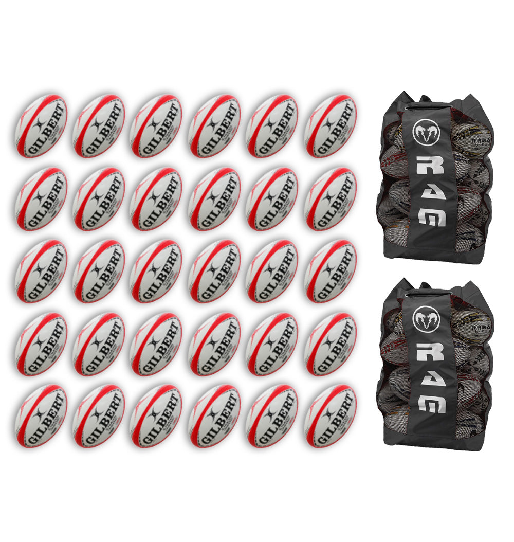 Stack of 30 Gilbert G-TR4000 trainer rugby balls with two large breathable bags designed for size 5 balls storage
