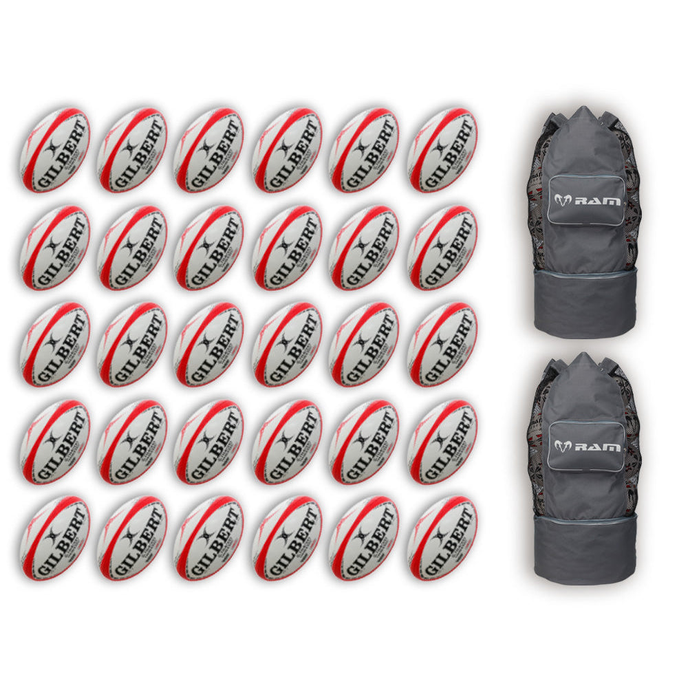Thirty Gilbert G-TR4000 size 5 trainer rugby balls neatly stacked with two large breathable ball storage bags included
