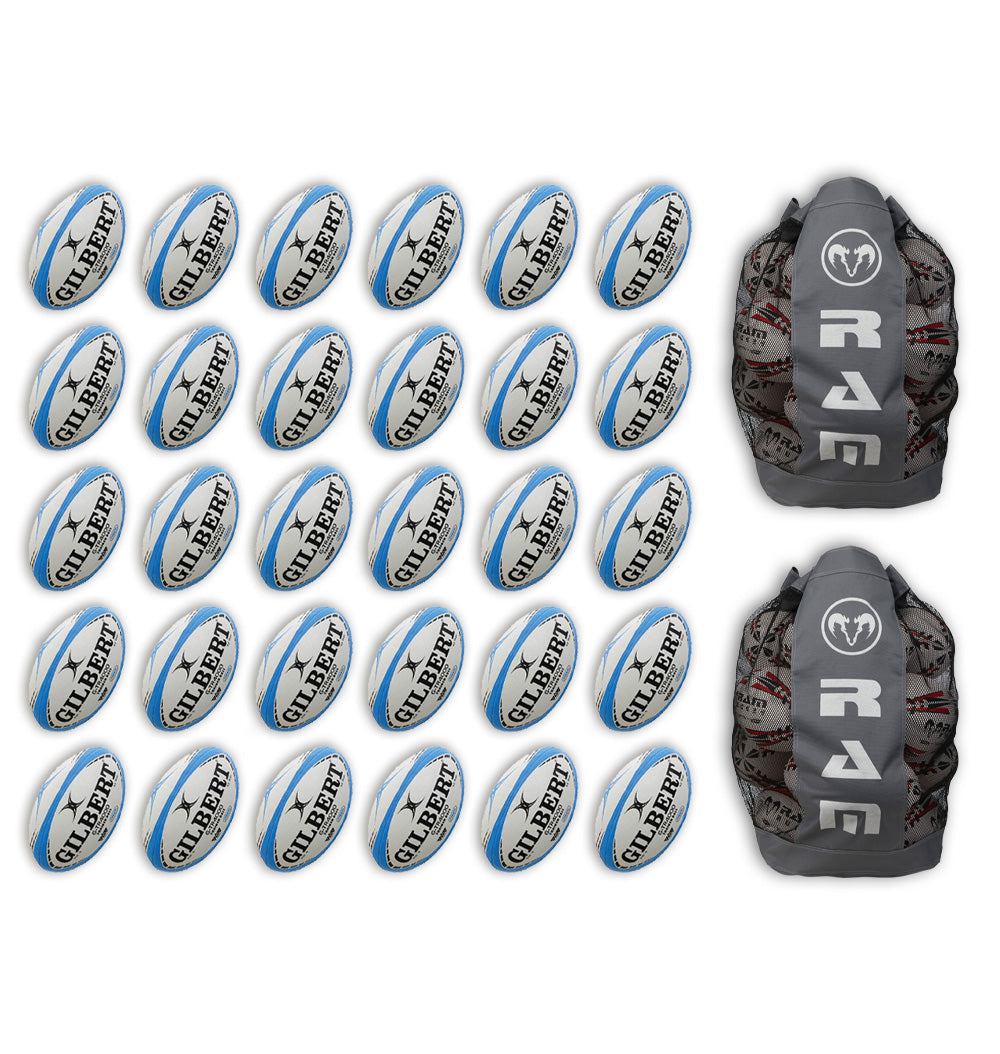 Stack of 30 Gilbert G-TR4000 trainer rugby balls with 2 large breathable size 5 ball bags for team training sessions