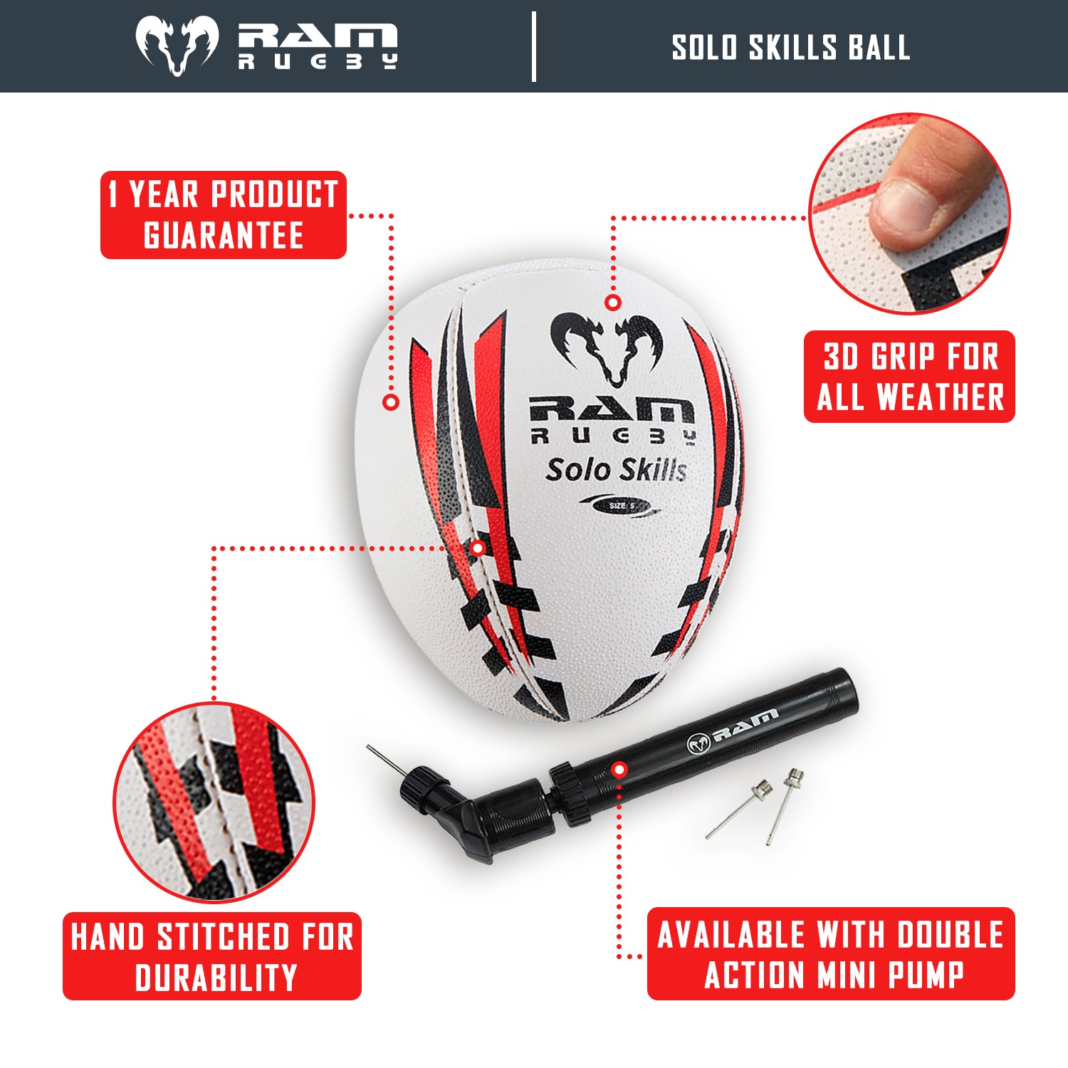 Ram Rugby Solo Skills Ball showing flat end and traditional rugby shape designed for passing and solo training practice.