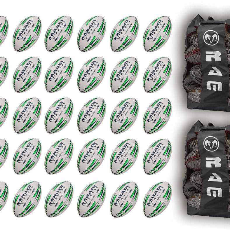 Ram Rugby Academy Trainer Ball Bundle with 30 youth rugby balls and two breathable storage bags for training and transport