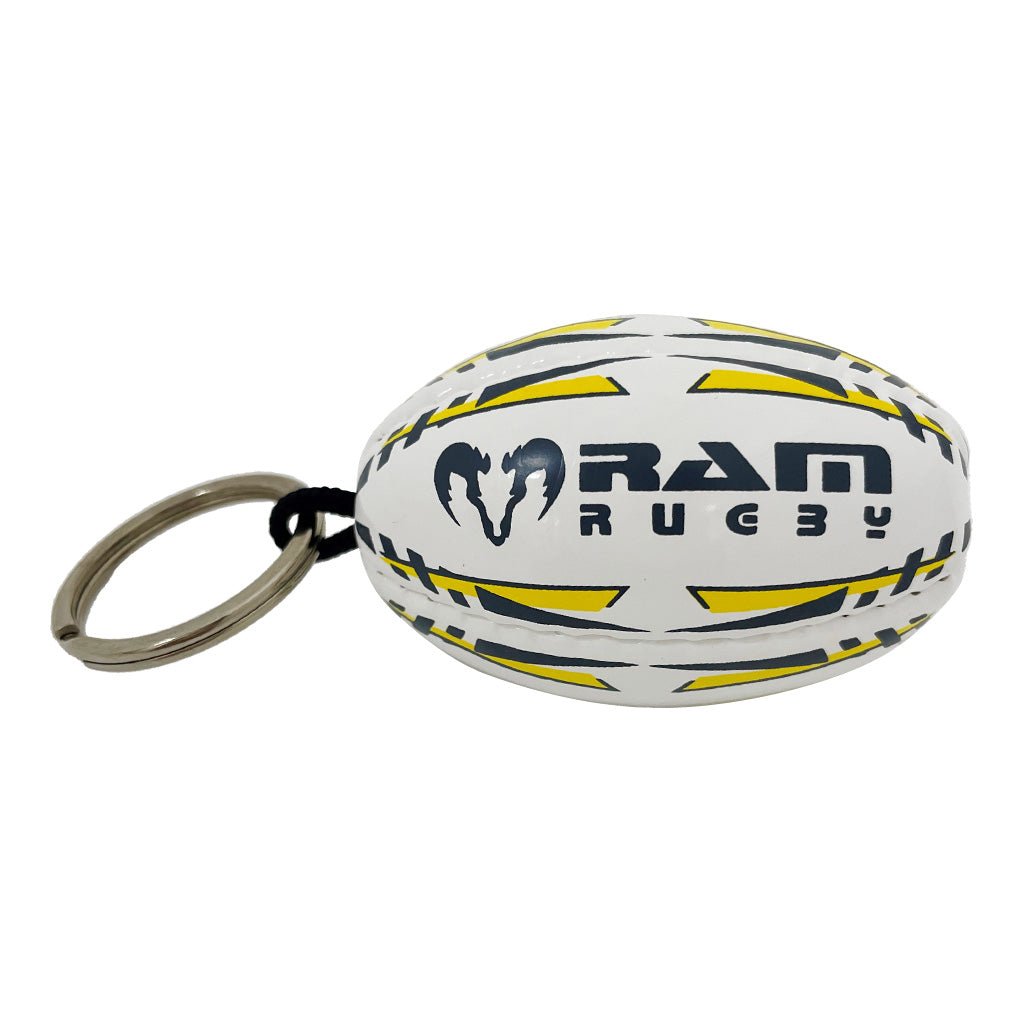 Ram Rugby custom printed rugby ball keyrings in black rubber with grip, personalized promotional gifts for events and giveaways
