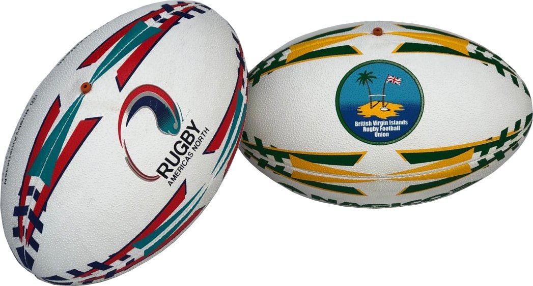 Ram Rugby Victor Raider Touch custom printed rugby balls in vibrant colors with full-color logo and text personalization options