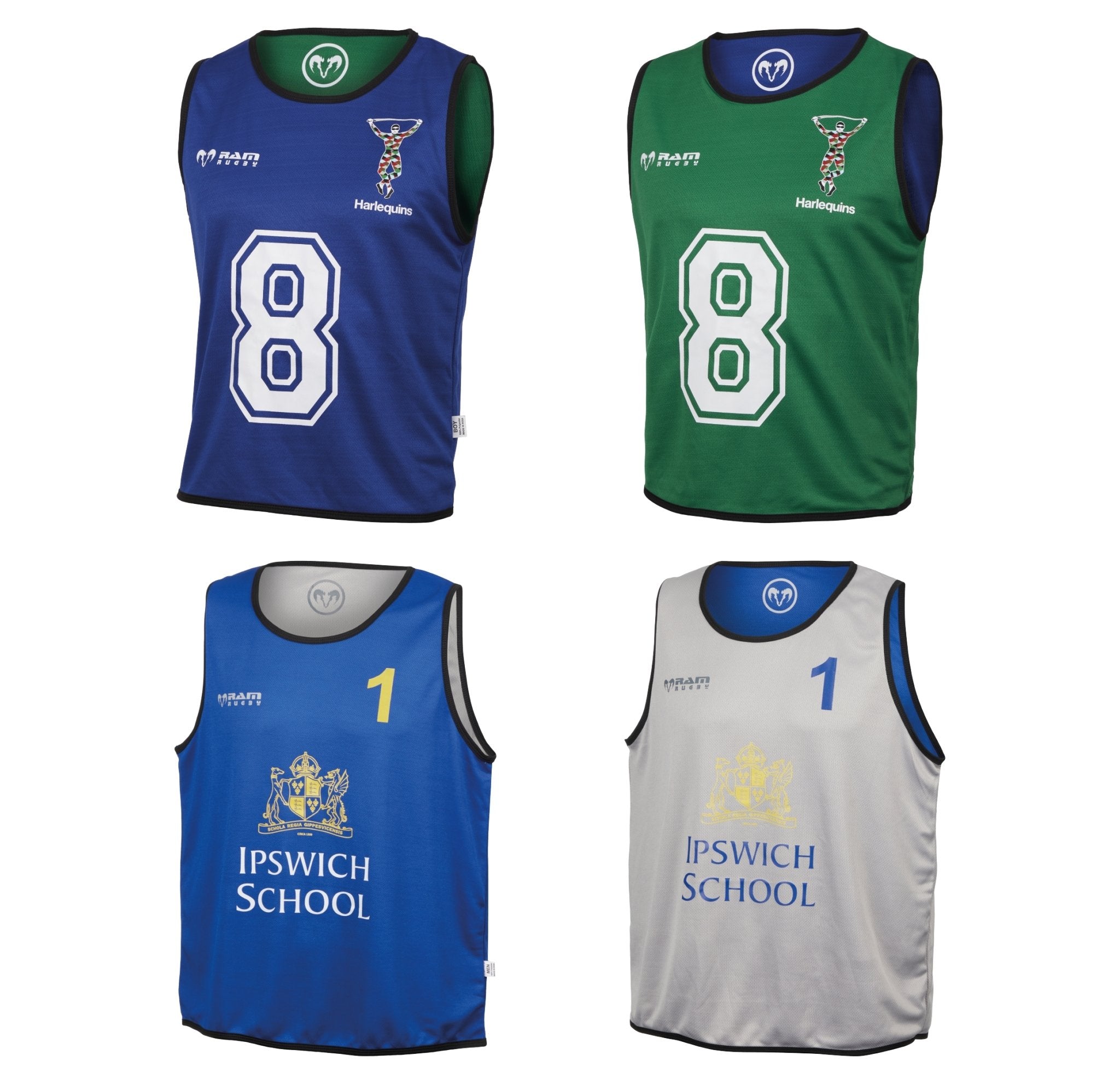 Ram Rugby reversible contact training bibs in red and yellow, custom logo printed, breathable rugby practice vests