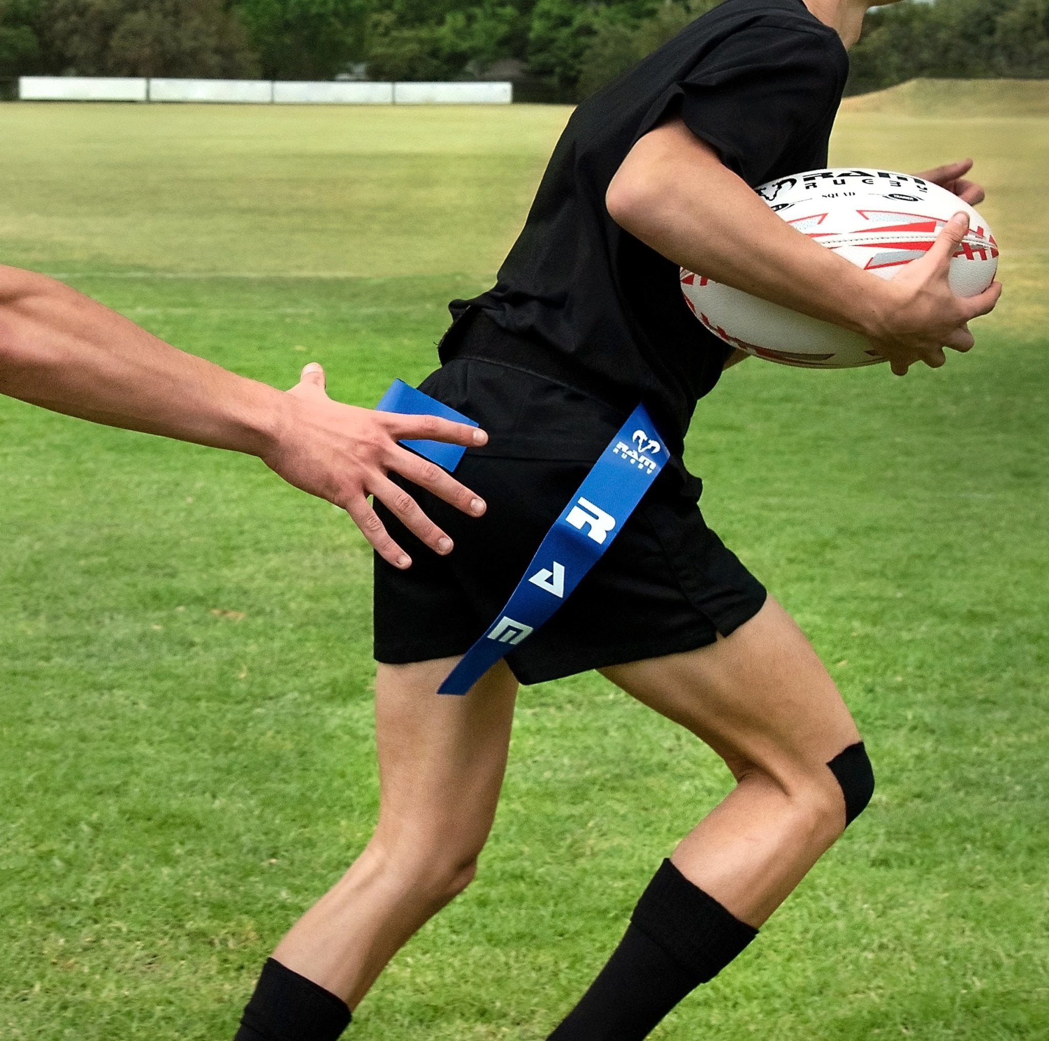 Set of colorful Ram Rugby custom PVC tag rugby tags with printed logos, designed for tag rugby festivals and team play safety