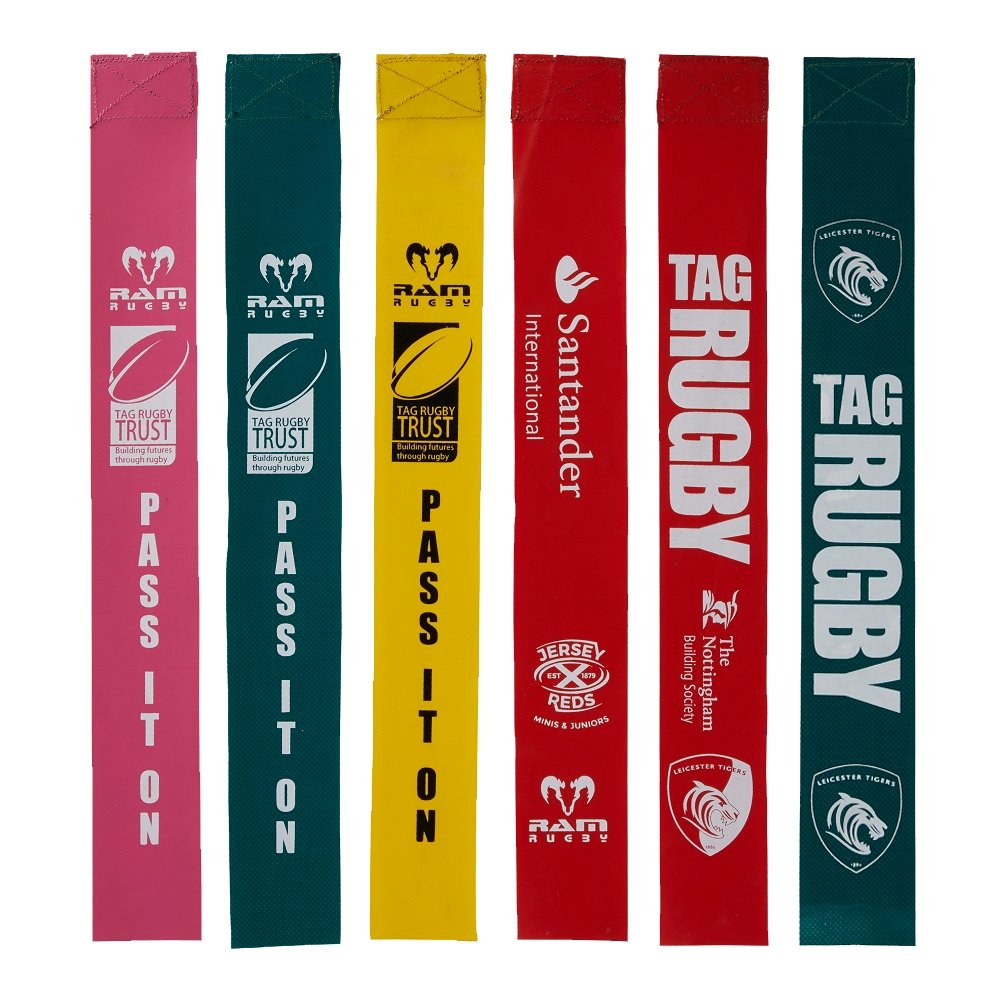 Set of Ram Rugby custom PVC tag rugby tags featuring logo printing in various colors for professional tag rugby play.