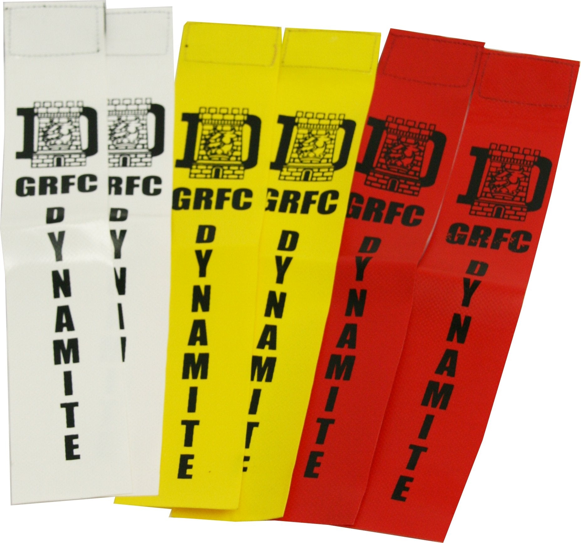 Set of colorful PVC tag rugby tags by Ram Rugby with custom logo printing, designed for club and festival use