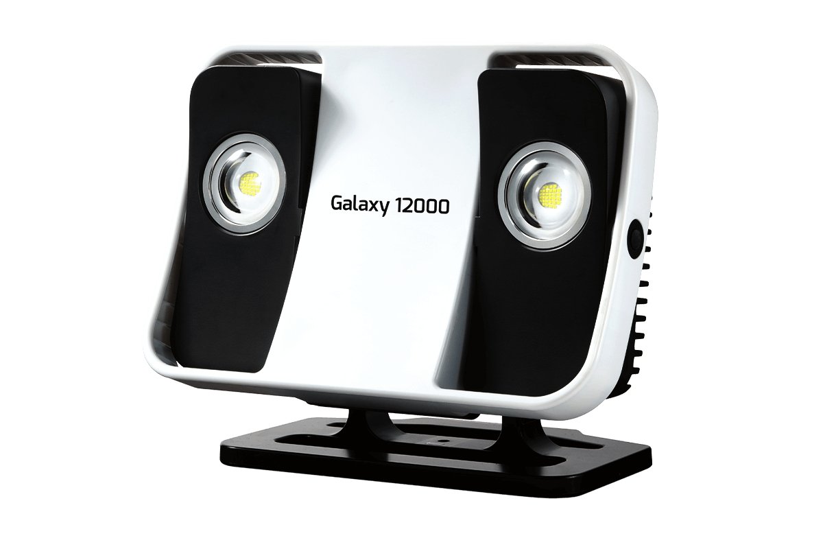 Nightsearcher Galaxy 12000 portable rechargeable floodlight shown mounted on adjustable tripod with bright LED panel