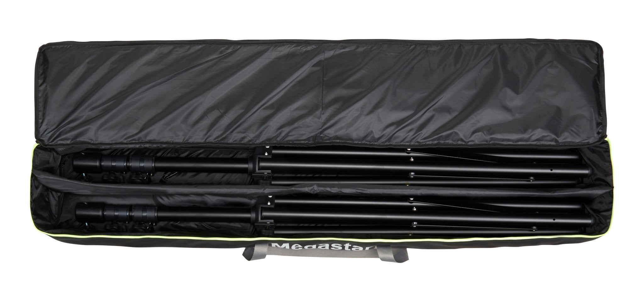 Nightsearcher Galaxy 12000 portable rechargeable floodlight showing tripod setup and adjustable light head in black design