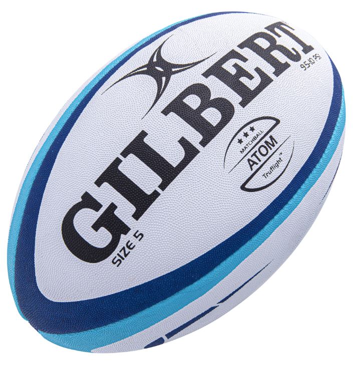 Ten Gilbert Atom size 5 rugby match balls in white, stored inside a black breathable bag designed for easy transport.