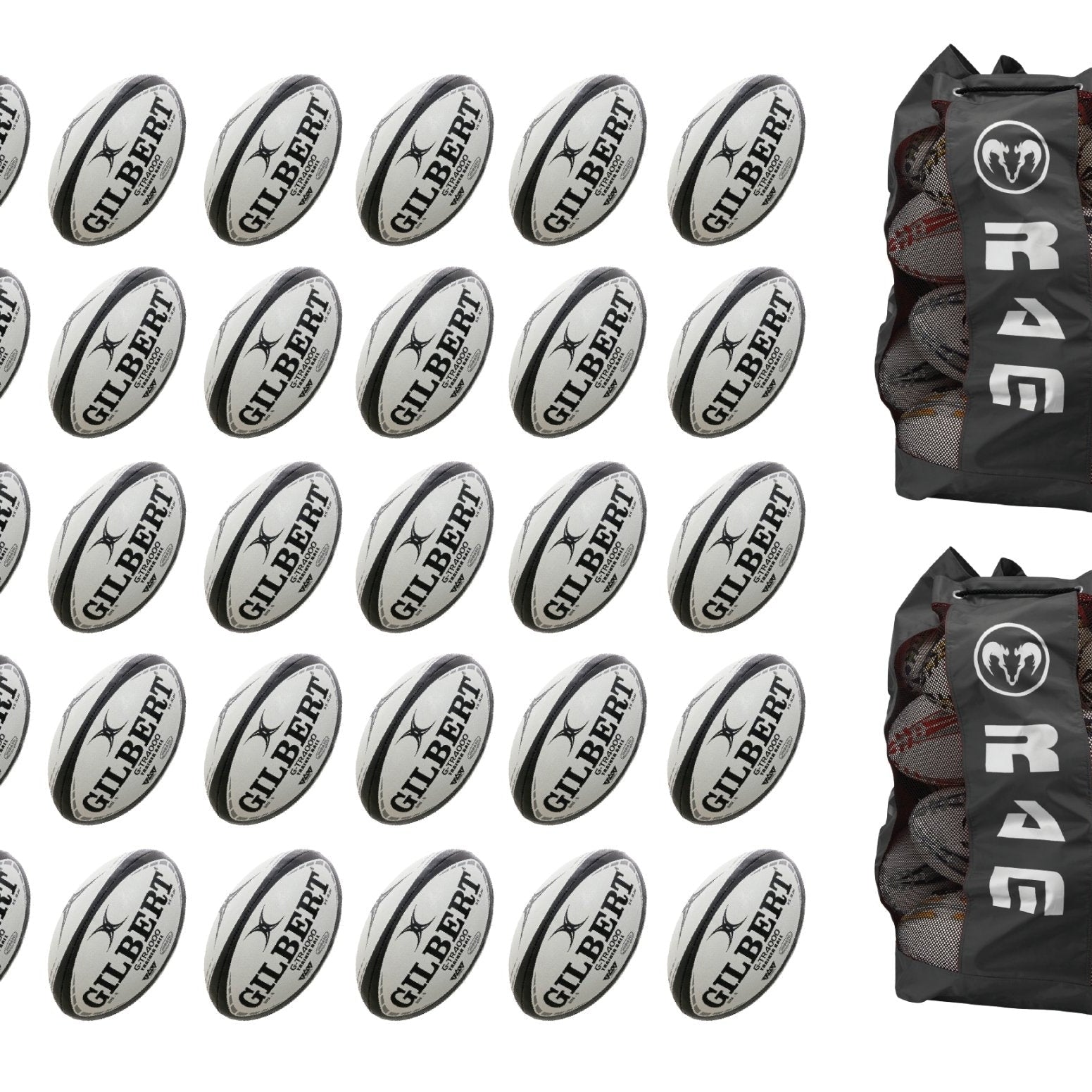 Thirty Gilbert G-TR4000 trainer rugby balls stacked with two black breathable bags for size 5 balls in bundle set