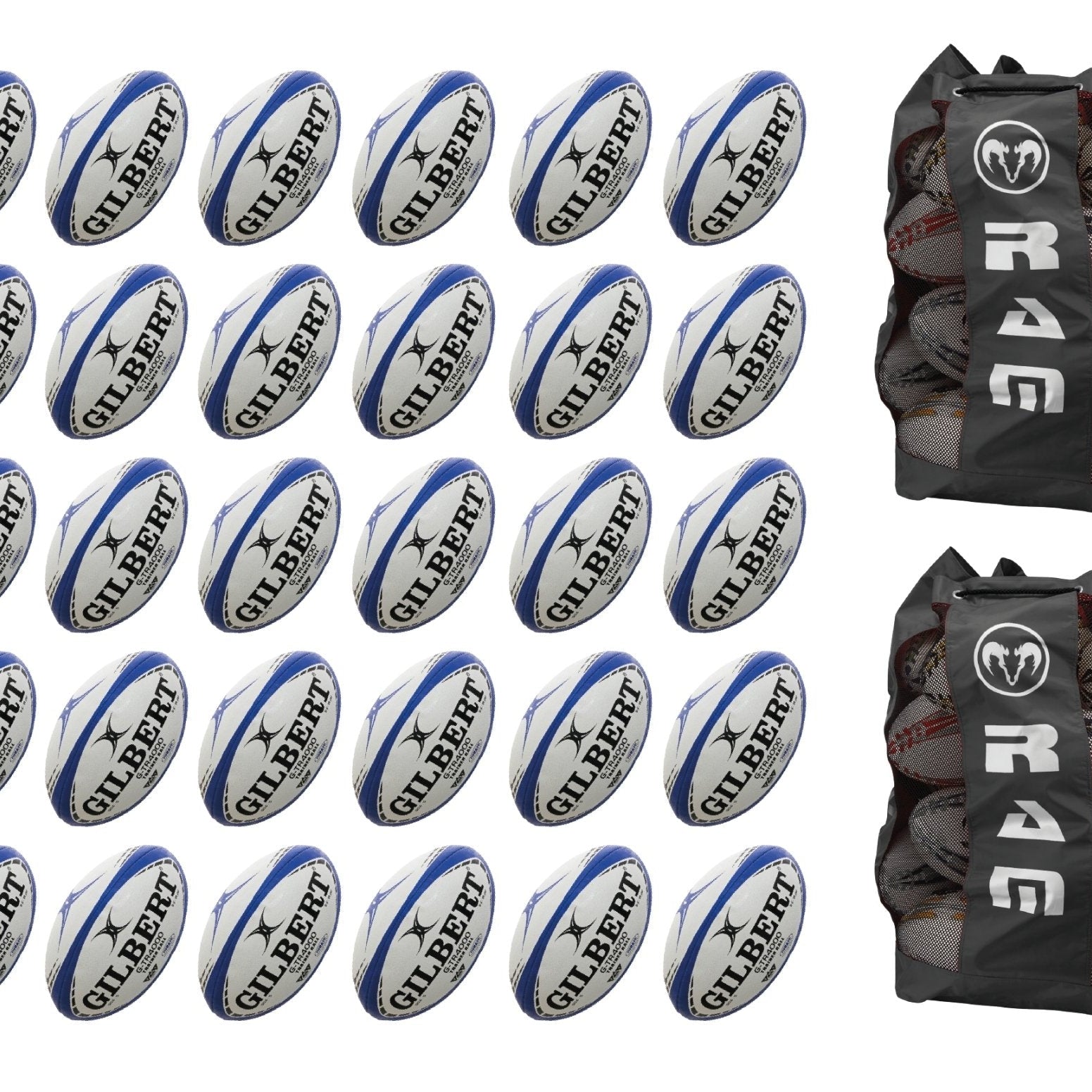 Thirty Gilbert G-TR4000 trainer rugby balls stacked with two large breathable Gilbert ball bags for size 5 balls storage