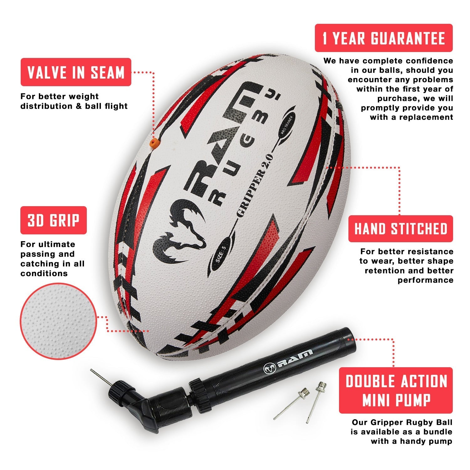 Ram Rugby Gripper 2.0 Pro Trainer Ball in white and black with 3D grip texture for junior rugby training and durable play
