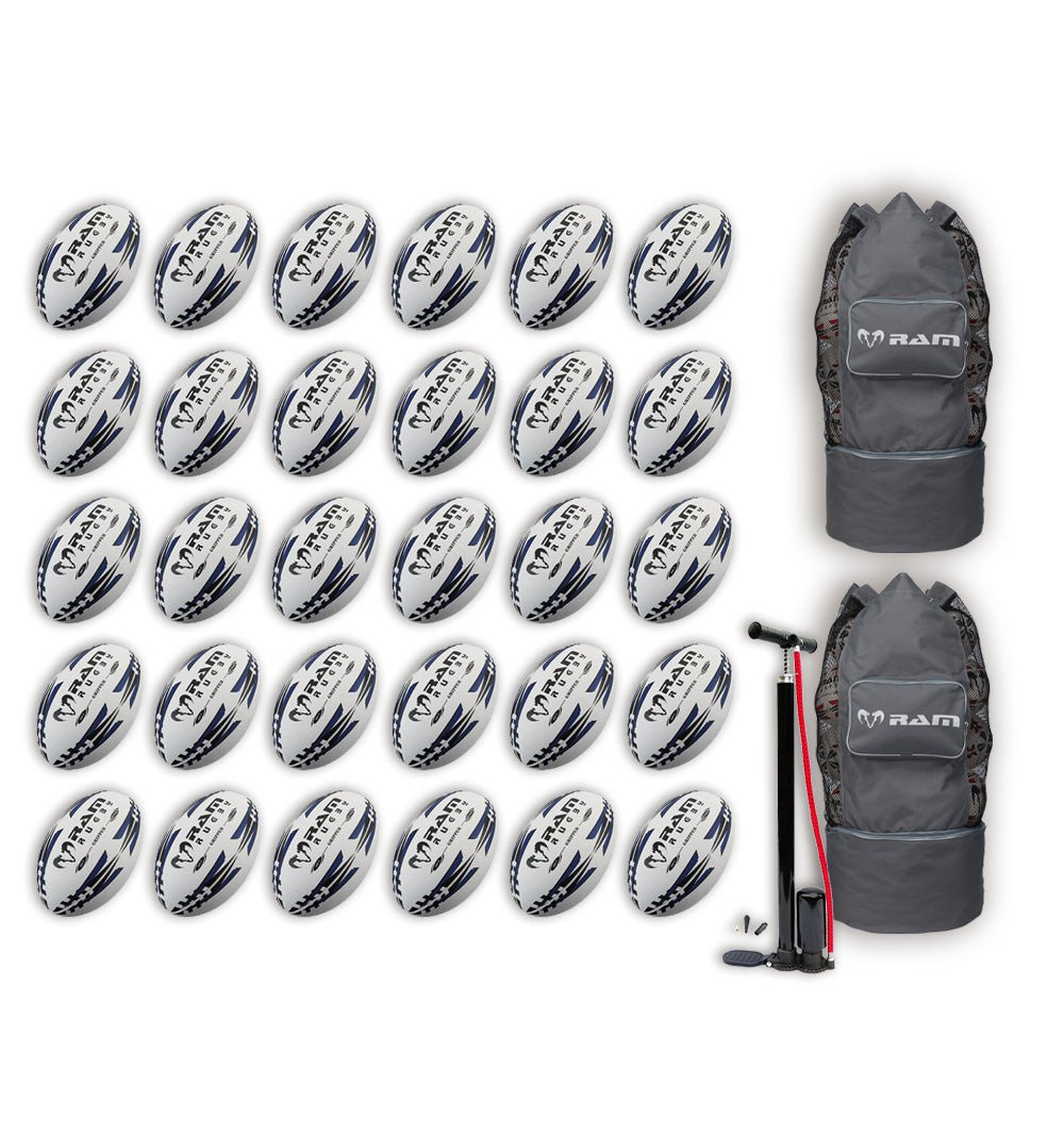 Thirty Ram Rugby Gripper 2.0 Pro Trainer rugby balls stacked with two breathable bags for storage and transport.