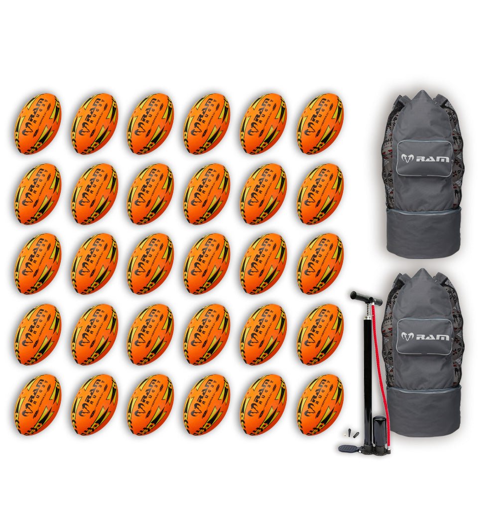 Stack of Ram Rugby Gripper 2.0 Pro Trainer Neon Balls in yellow, orange, and green with two black breathable storage bags