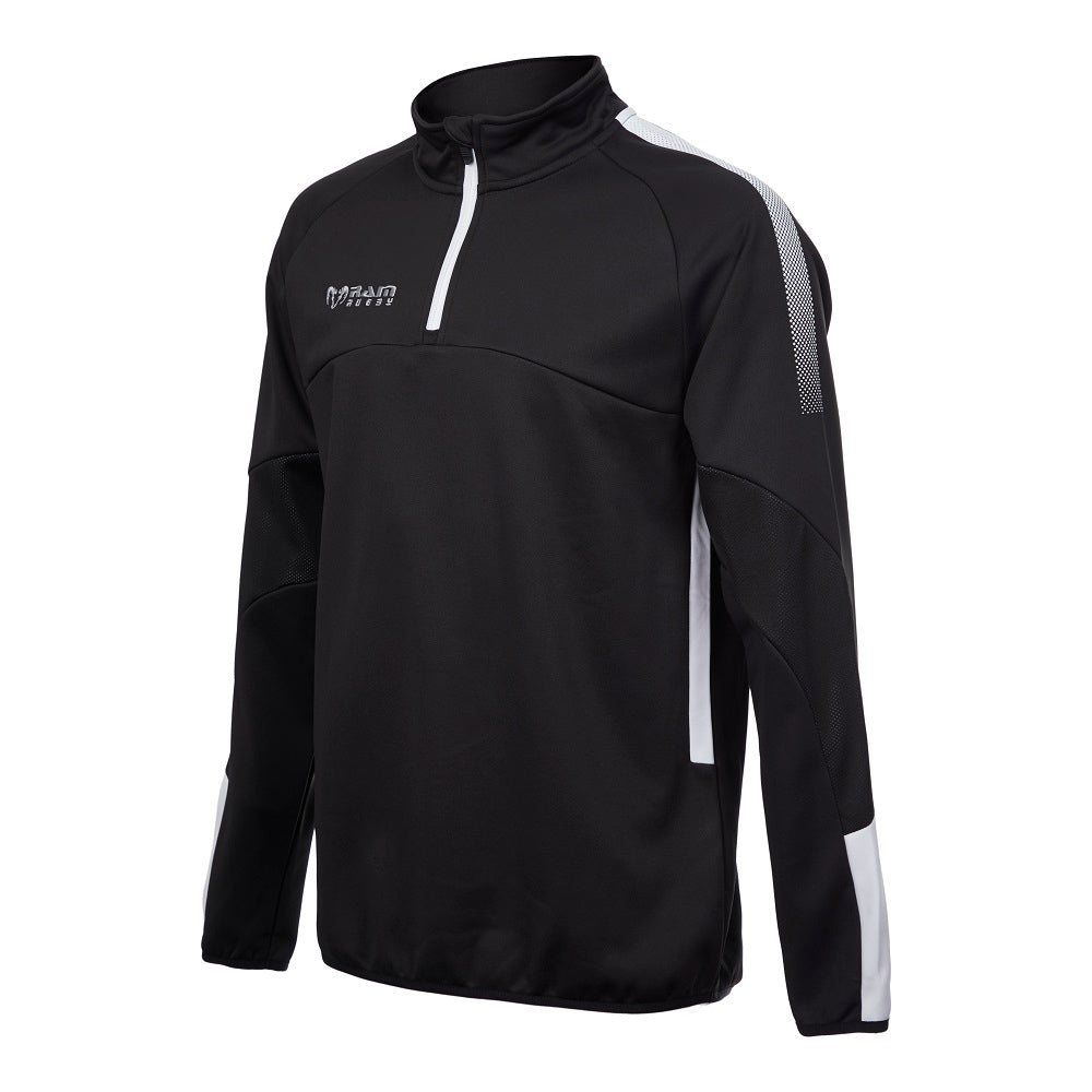 Ram Rugby Edge Midlayer 1/4 Zip lightweight thermal sweatshirt in black polyester with high collar and side pockets, standard fit
