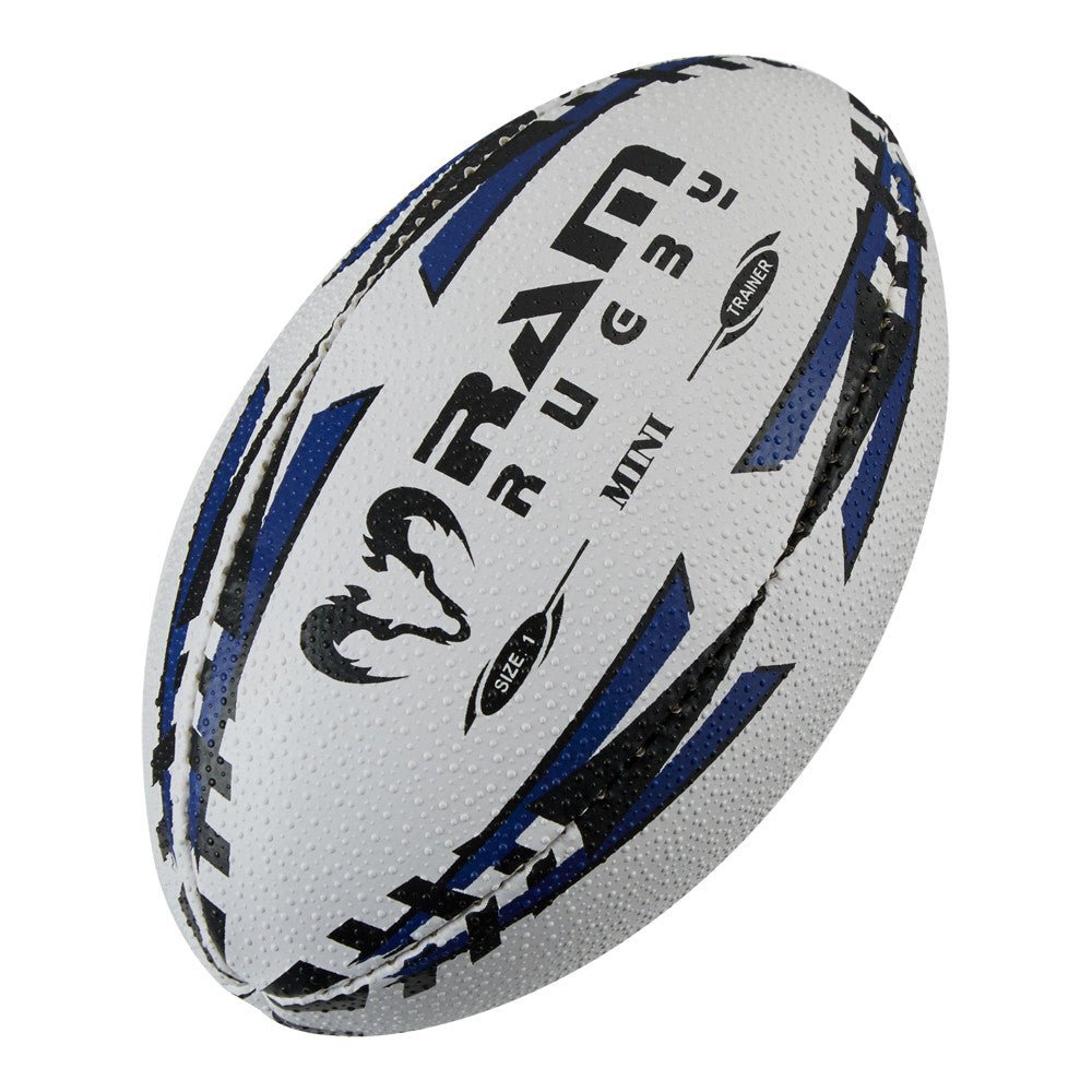 Ram Rugby Mini Rugby Ball size 1 in blue, 15cm air-filled fun kids toy for training, giveaways, and promotional events