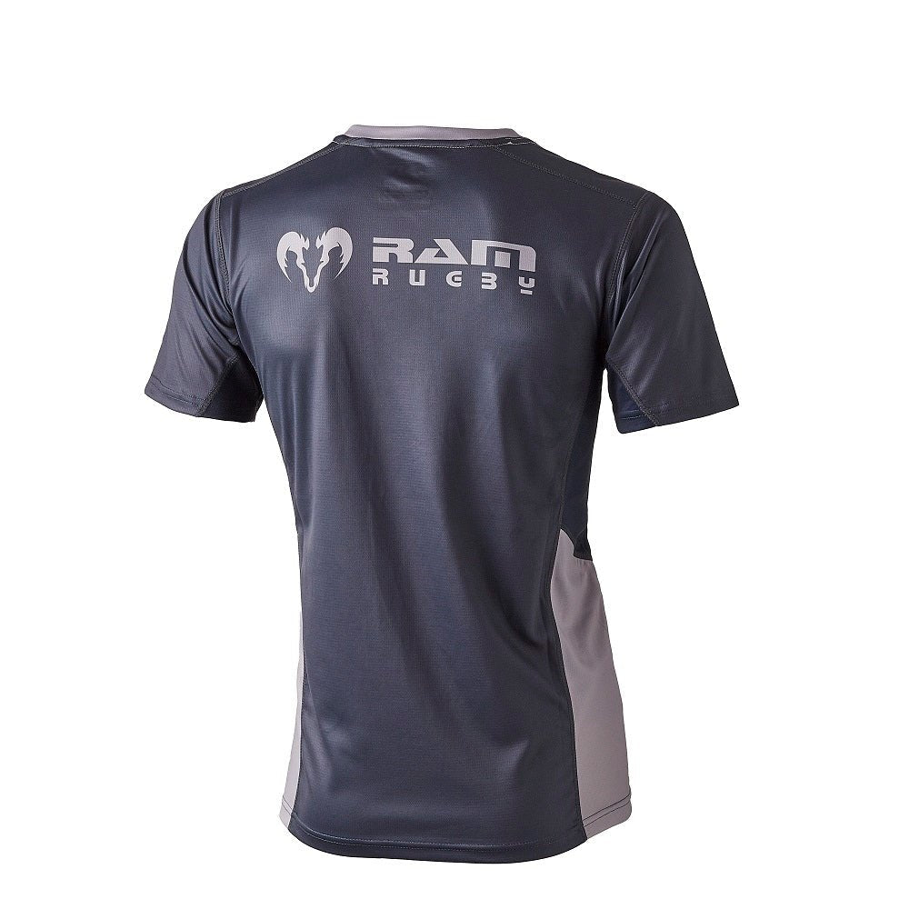 Charcoal and navy Ram Rugby sublimated technical t-shirt in regular fit with breathable 170gsm fabric for active wear