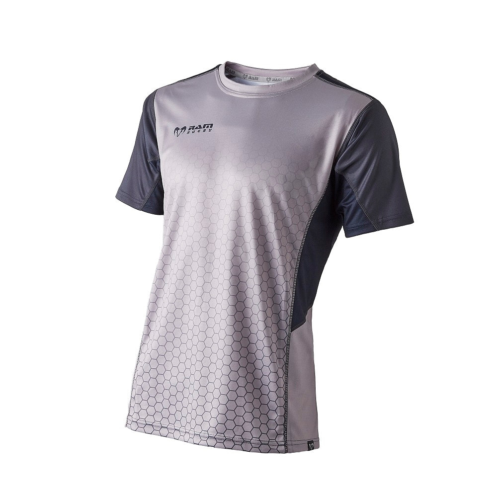 Ram Rugby Regular Fit Technical T-Shirt in charcoal and navy sublimated fabric, breathable 170gsm performance wear