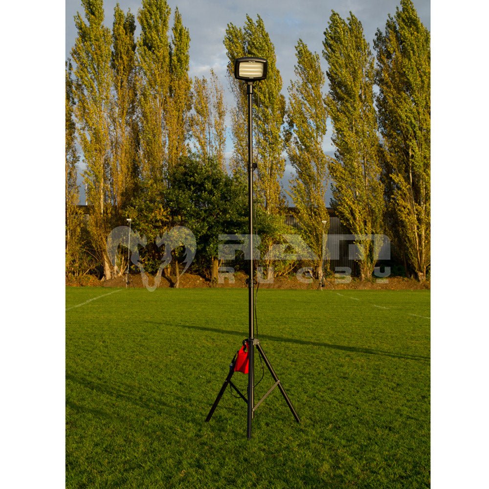 Nightsearcher Solaris Megastar 20K LED rechargeable floodlight shown with adjustable stand and durable weatherproof housing