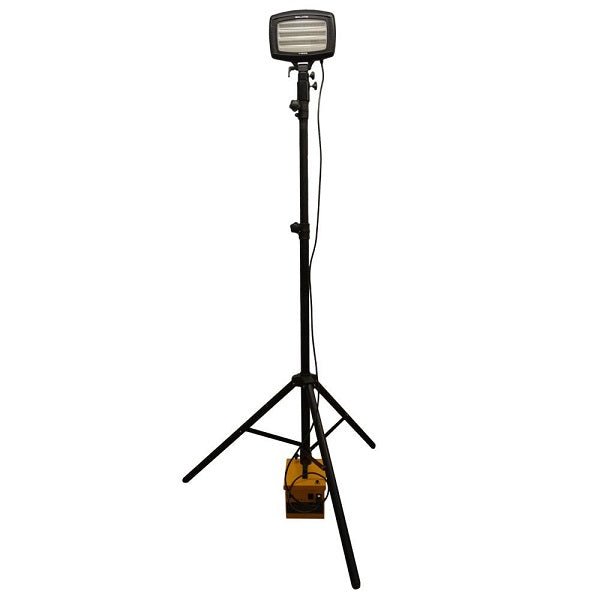 Nightsearcher Solaris Megastar LED floodlight mounted on heavy-duty adjustable aluminium tripod extended to 3.5m height