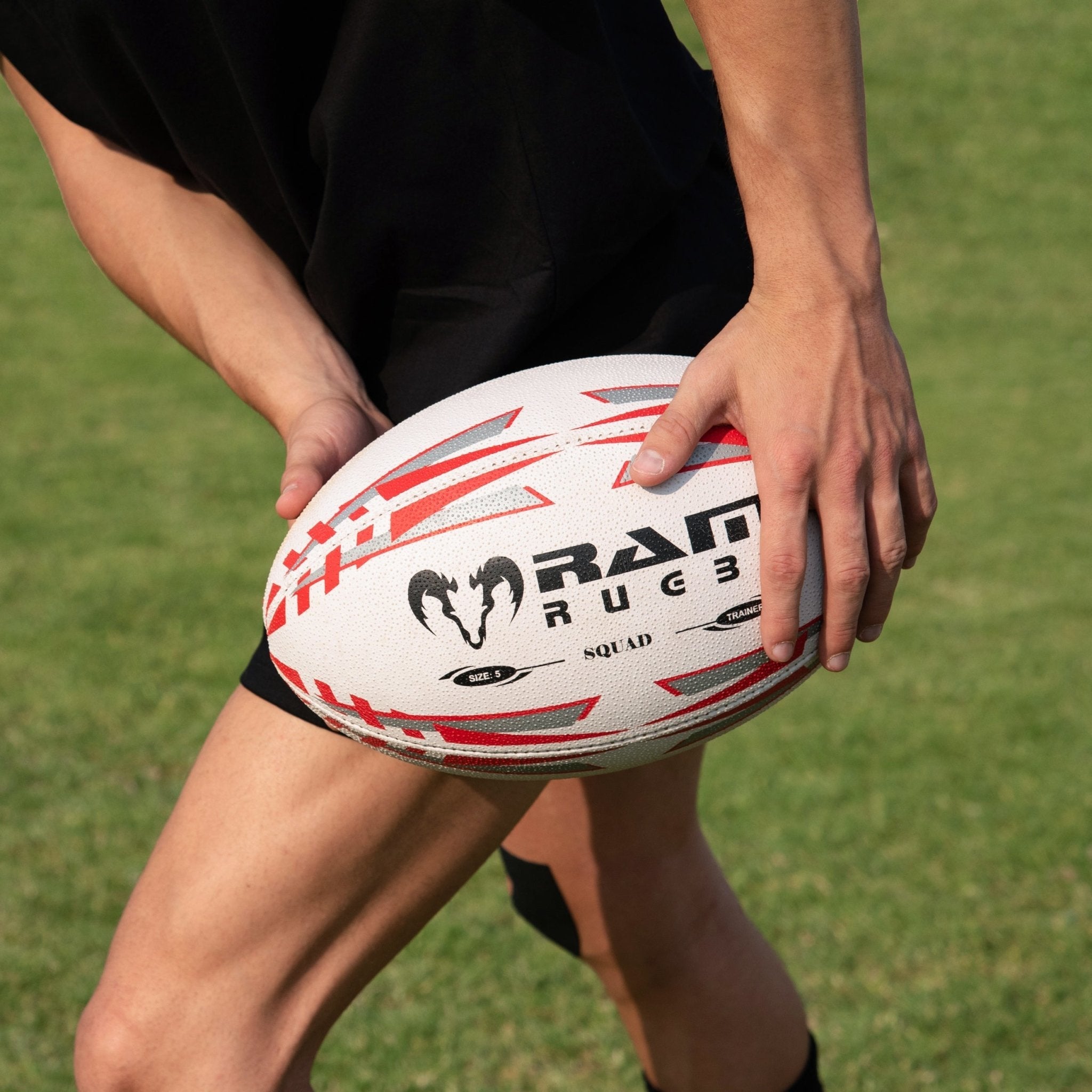 Ram Rugby Squad Trainer Ball in white and green with 3-ply polycotton for durable, all-ages rugby training grip and control