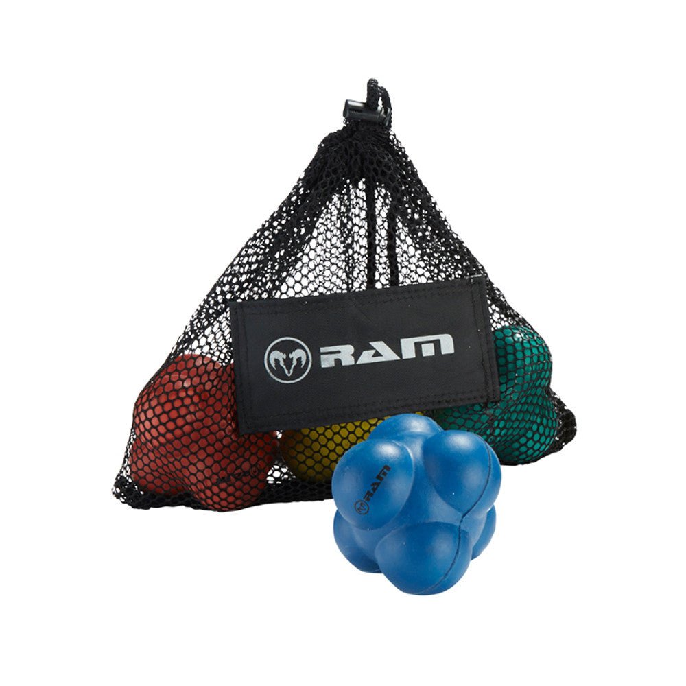 Ram Rugby Super Reaction Ball Set with 4 colorful durable rubber training balls in blue, green, red, and yellow for agility.
