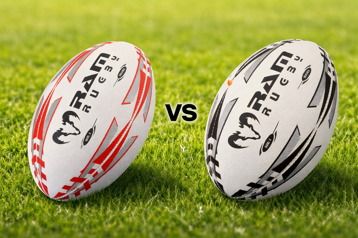 A rugby match ball and a training ball placed side by side
