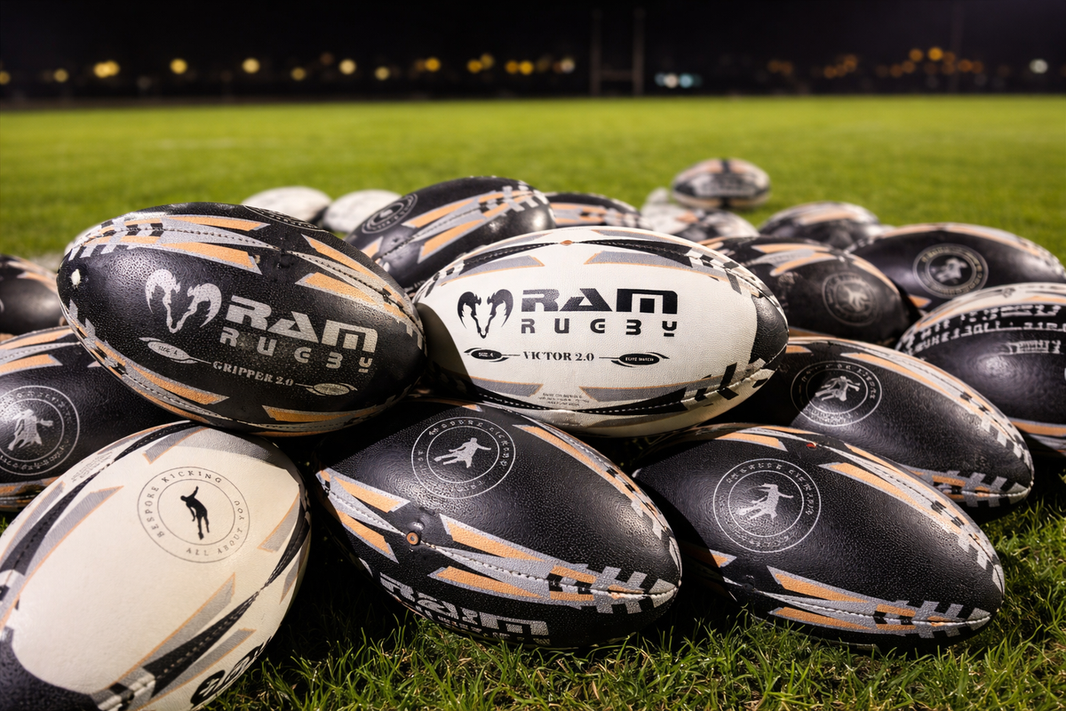 Custom-printed rugby balls in club colours with logos