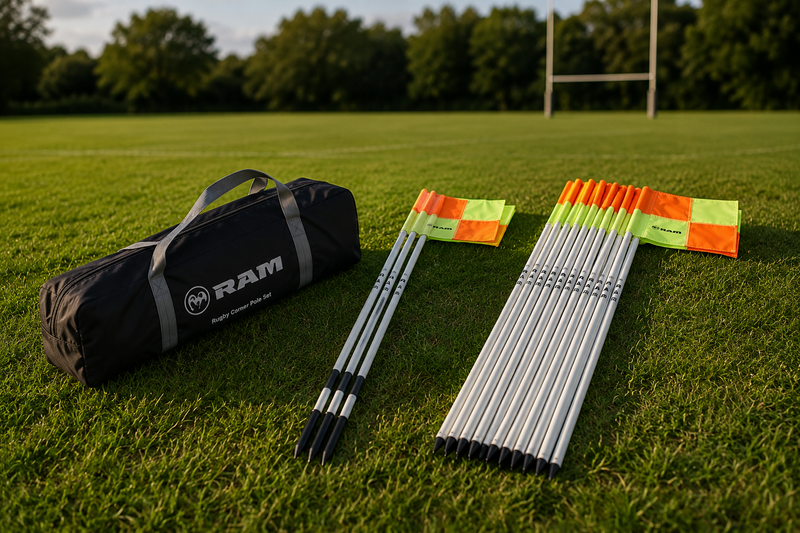 RAM corner flags, poles and carry bag on a rugby pitch