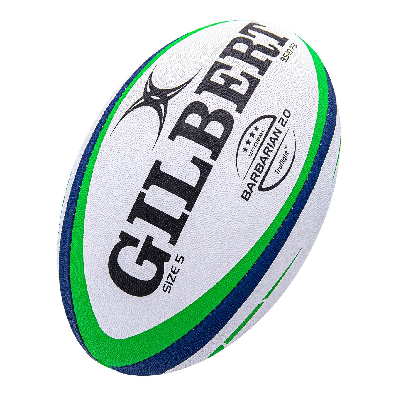 Gilbert Balls collection featuring a white and black Gilbert Barbarian 20 rugby match ball with bold branding design
