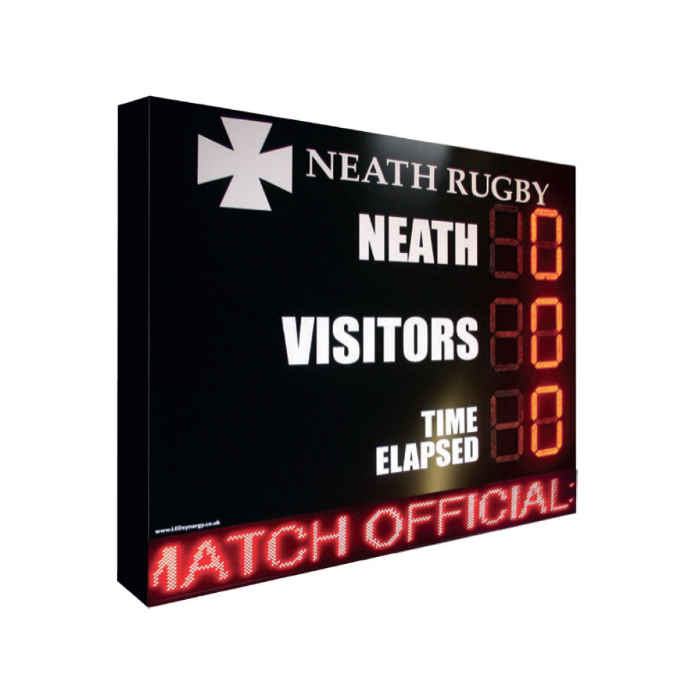 Large digital Score Board with bright red LED numbers for rugby matches, showcasing durable, portable RAM brand scoreboards.