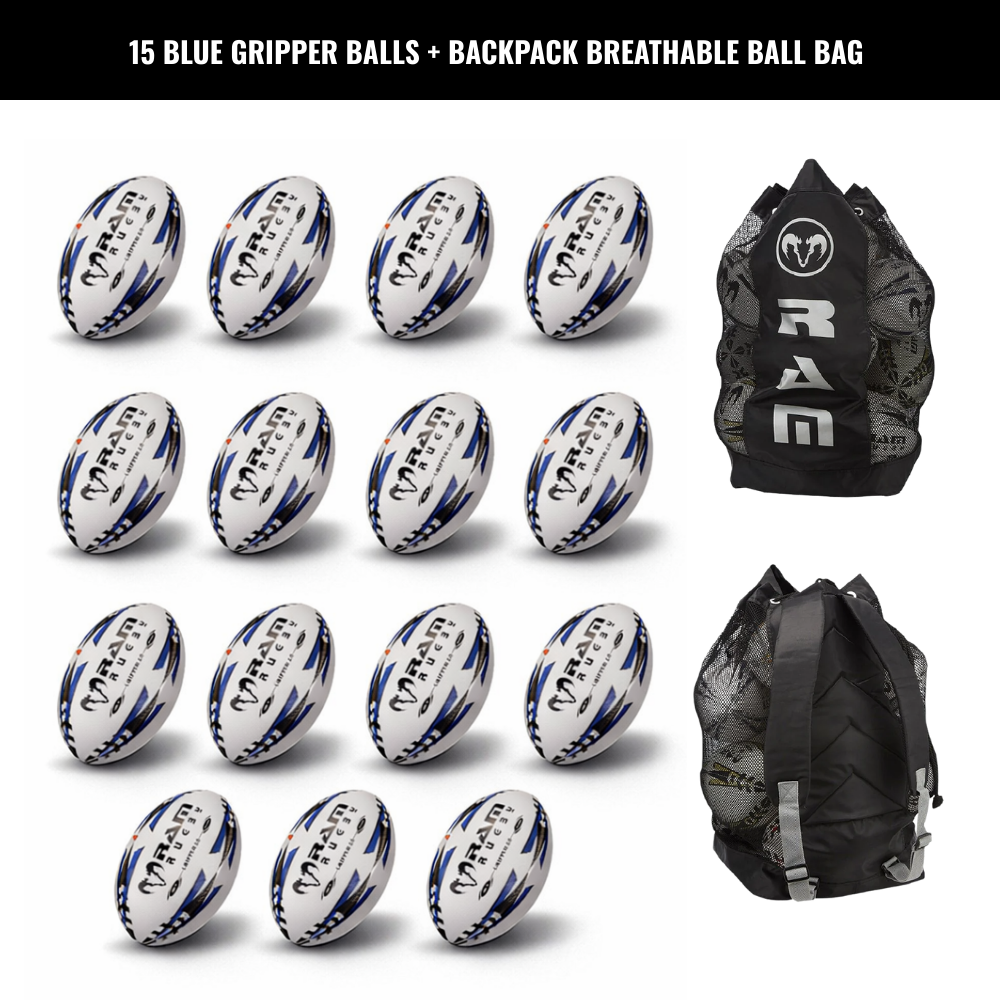 Paquete de Balones de Rugby Ram Rugby Gripper 2.0 Pro Trainer 15 Balones 2 Bolsa