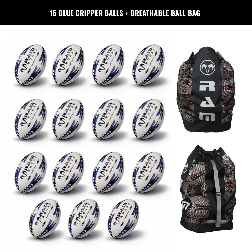 Paquete de Balones de Rugby Ram Rugby Gripper 2.0 Pro Trainer 15 Balones 2 Bolsa