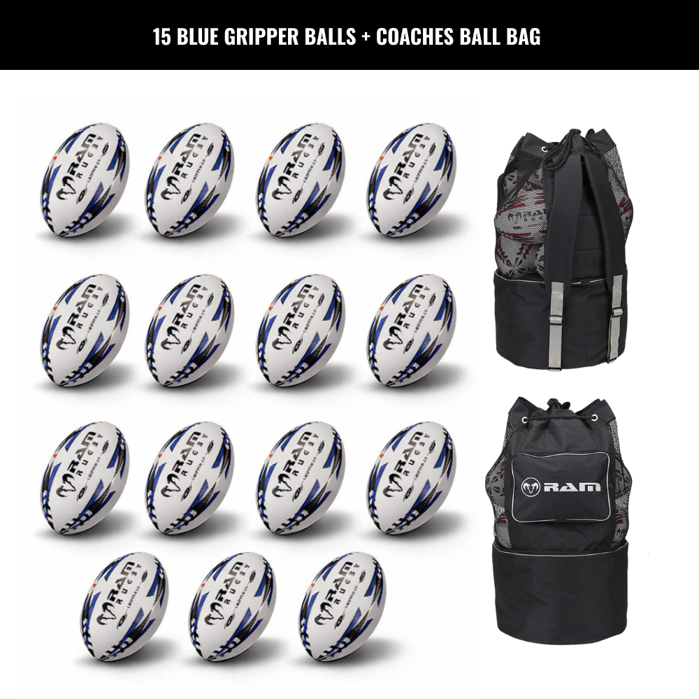 Paquete de Balones de Rugby Ram Rugby Gripper 2.0 Pro Trainer 15 Balones 2 Bolsa