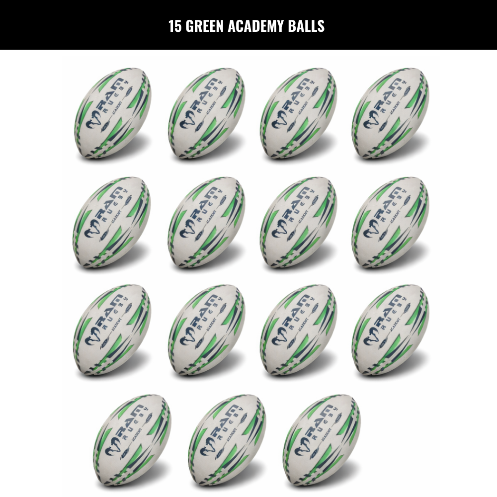 Paquete de 15 Balones de Entrenamiento de la Academia de Rugby Ram con Bolsas de Almacenamiento