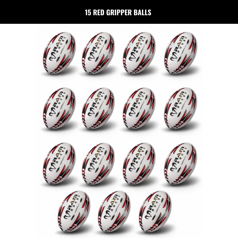 Paquete de Balones de Rugby Ram Rugby Gripper 2.0 Pro Trainer 15 Balones 2 Bolsa