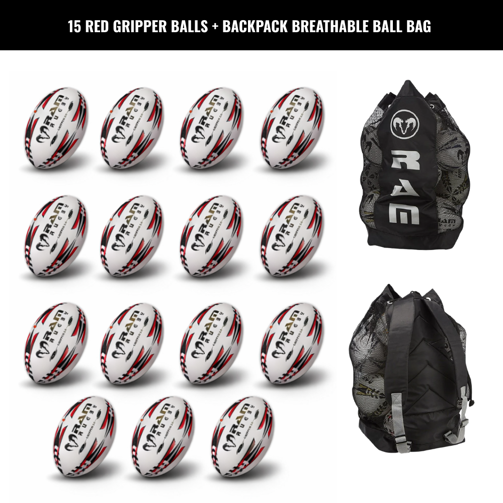 Paquete de Balones de Rugby Ram Rugby Gripper 2.0 Pro Trainer 15 Balones 2 Bolsa