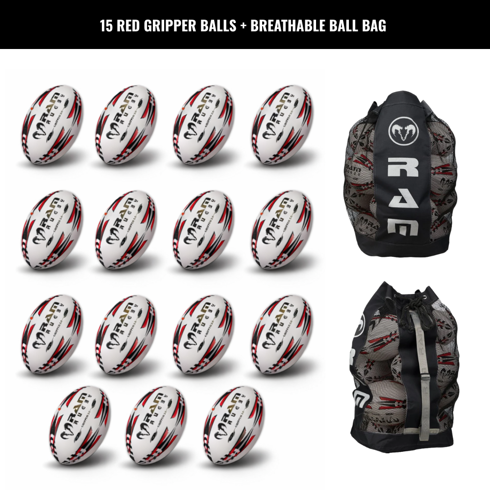 Paquete de Balones de Rugby Ram Rugby Gripper 2.0 Pro Trainer 15 Balones 2 Bolsa